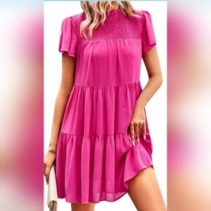 NWOT Boho High Waist Fuchsia Midi Dress Ruffle Summer Beach Sundress Size M